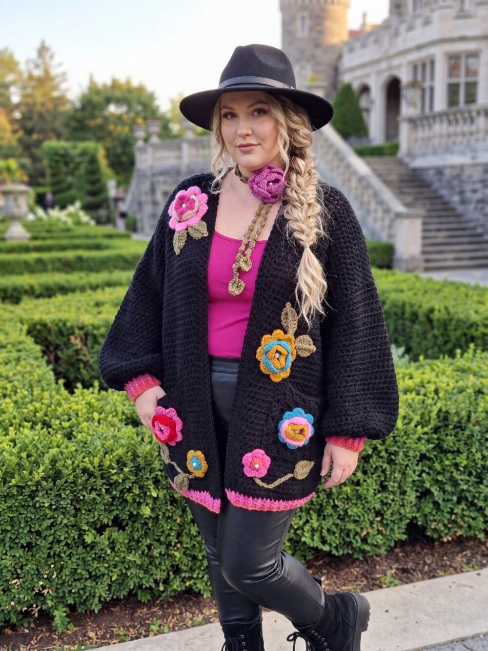 Black Boho Floral Cardigan with Rose wrap necklace Puffy Sleeves L.XL